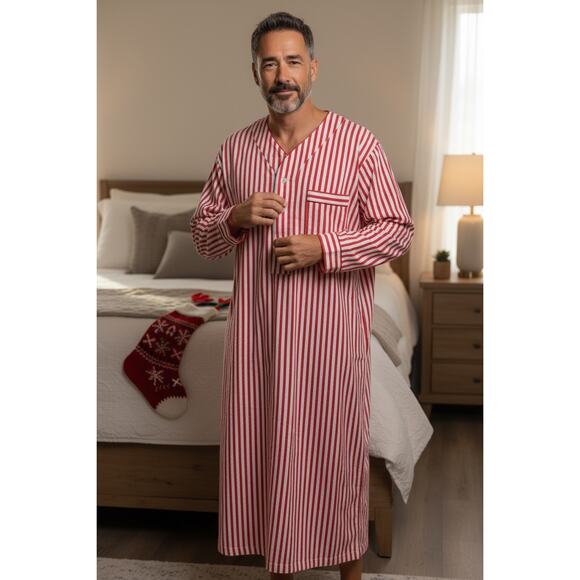 "Botany 500" Red & White Striped Flannel Christmas Night Shirt VTG SZ S/M Unisex - Picture 2 of 11